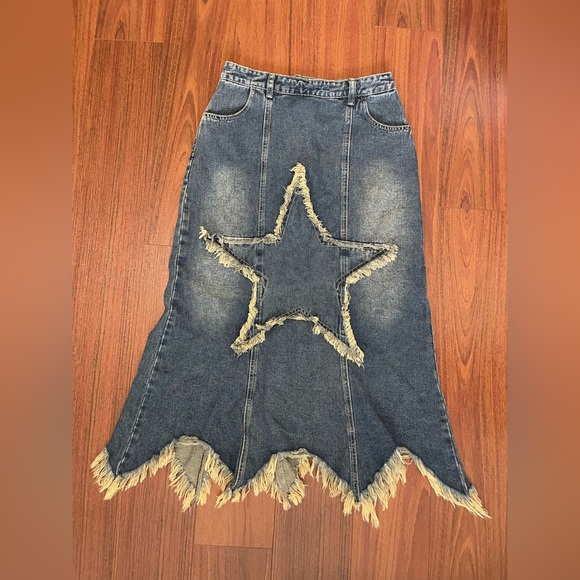 Romwe western country Punk Star Pattern Raw Hem Slant Pocket Denim skirt - Picture 5 of 12
